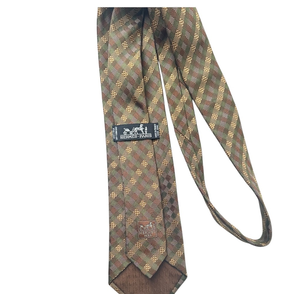 Hermès Paris Silk Tie Brown Gold Geometric Pattern Made in France Authentic - Picture 4 of 17